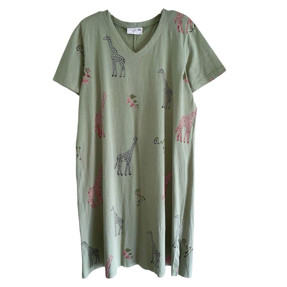 Studio G Green Safari Maxi Dress Size 3X Giraffes Painted Short Sleeves Slits